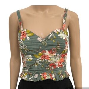 NWT BOG Collective Womn Medium Green Floral Smocked Ruched Ruffle Boho Crop Xs